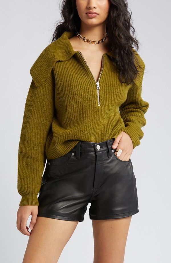 オープンエディット レディース アウター パーカー・スウェット ハーフジップ セーター Open Edit Rib Half Zip Sweater Olive Avocado オリーブ