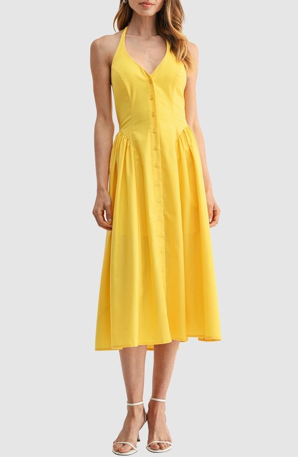 オールインフボール レディース トップス ワンピース ミディ ホルター All in Favor Halter Button Front Midi Dress Yellow イエロー