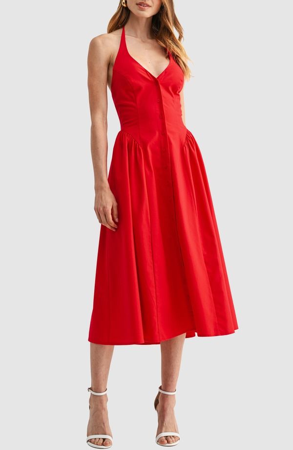 オールインフボール レディース トップス ワンピース ミディ ホルター All in Favor Halter Button Front Midi Dress Red レッド