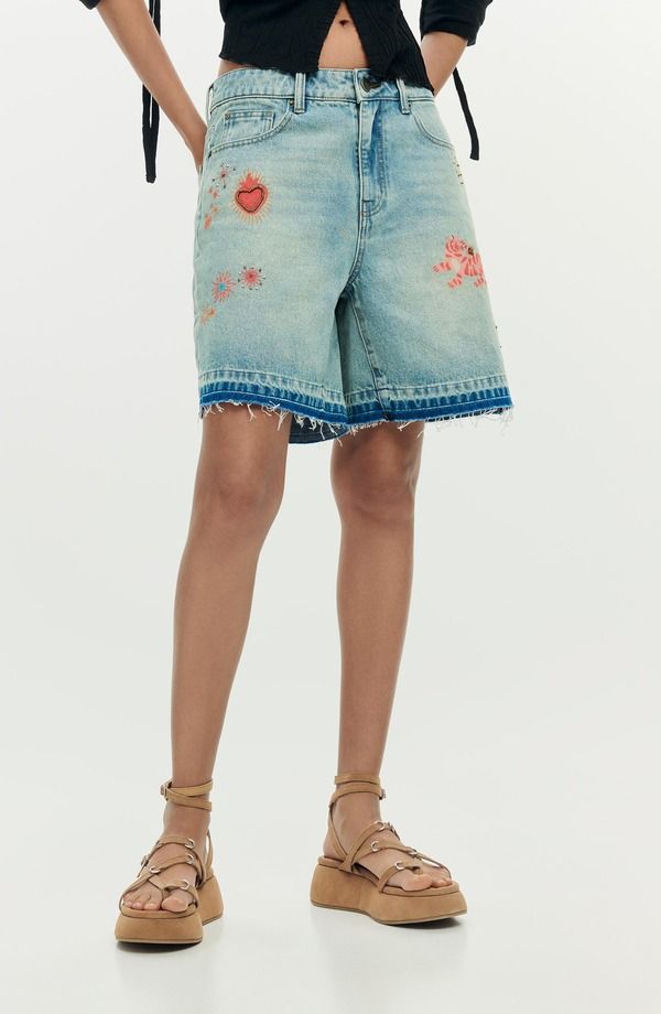 デジグアル レディース ボトムス デニムパンツ ショートパンツ Desigual Beaded Appliqu Denim Shorts Light Blue ブルー