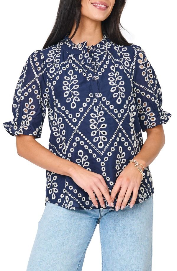 ギブソンルック レディース トップス シャツ コットン GIBSONLOOK Dianthus Puff Sleeve Cotton Top Navy Eyelet ネイビー