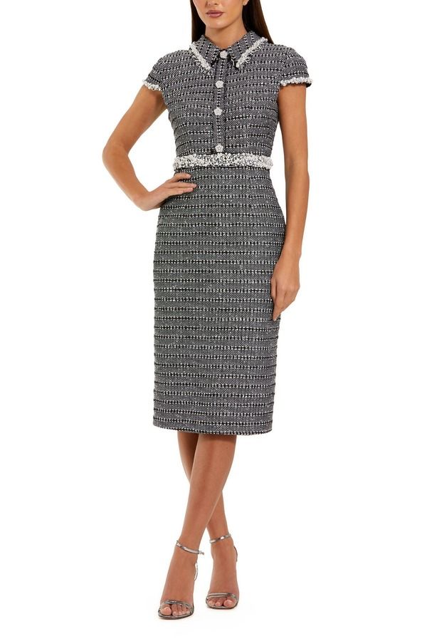 マックダガル レディース トップス ワンピース ミディ キャップ Mac Duggal Cap Sleeve Boucle Midi Dress Black White ホワイト