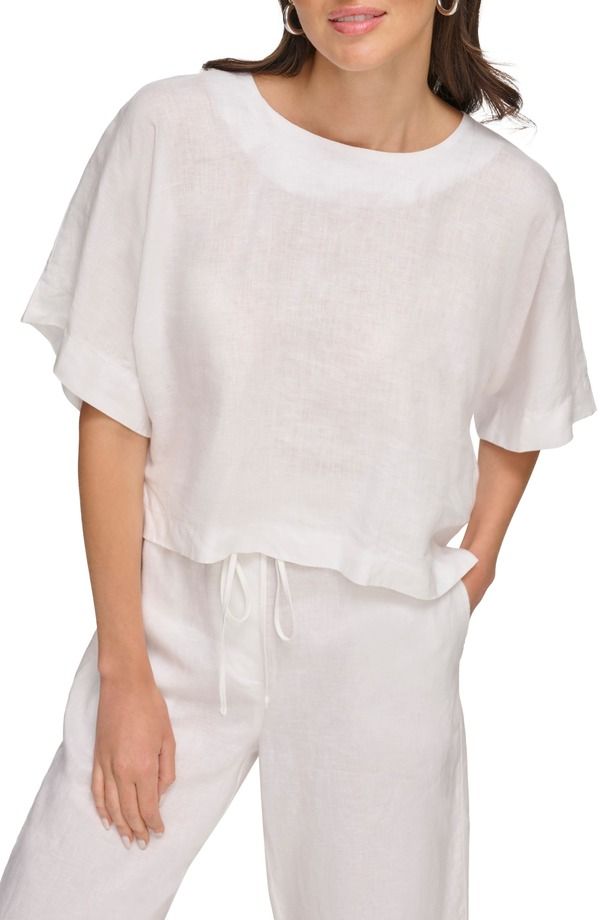 ダナ キャラン ニューヨーク レディース トップス シャツ ドロップショルダー リネン DKNY Drop Shoulder Boxy Linen Top White ホワイト