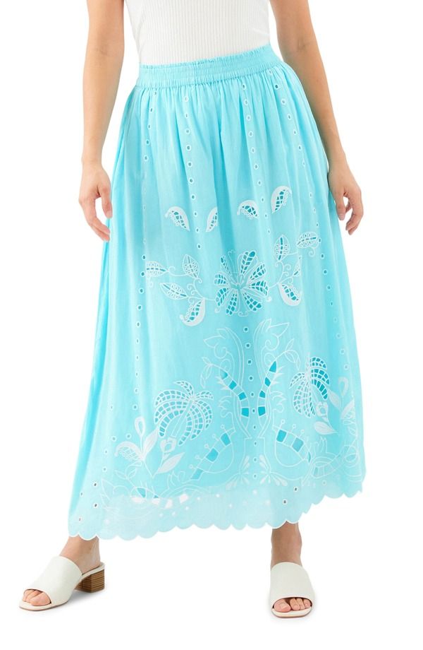 カレンケーン レディース ボトムスカート ミディ コットン 刺繍 Karen Kanembroidered Eyelet Cotton Midi Skirt Aqua アクア