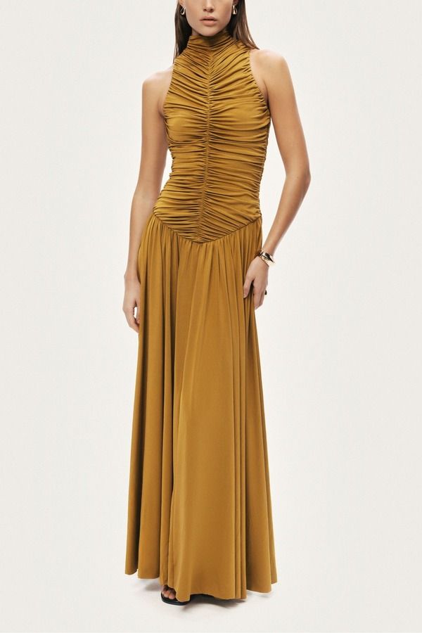 ノクチューン レディース トップス ワンピース ギャザー マキシ Nocturne Ruched HighNeck Maxi Dress Camel キャメル