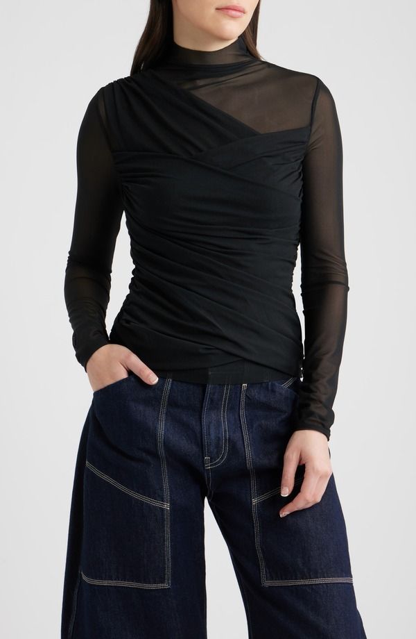 ボス オレンジ レディース トップス シャツ ギャザー メッシュ BOSS Orangetulah Ruched Mesh Top Black ブラック