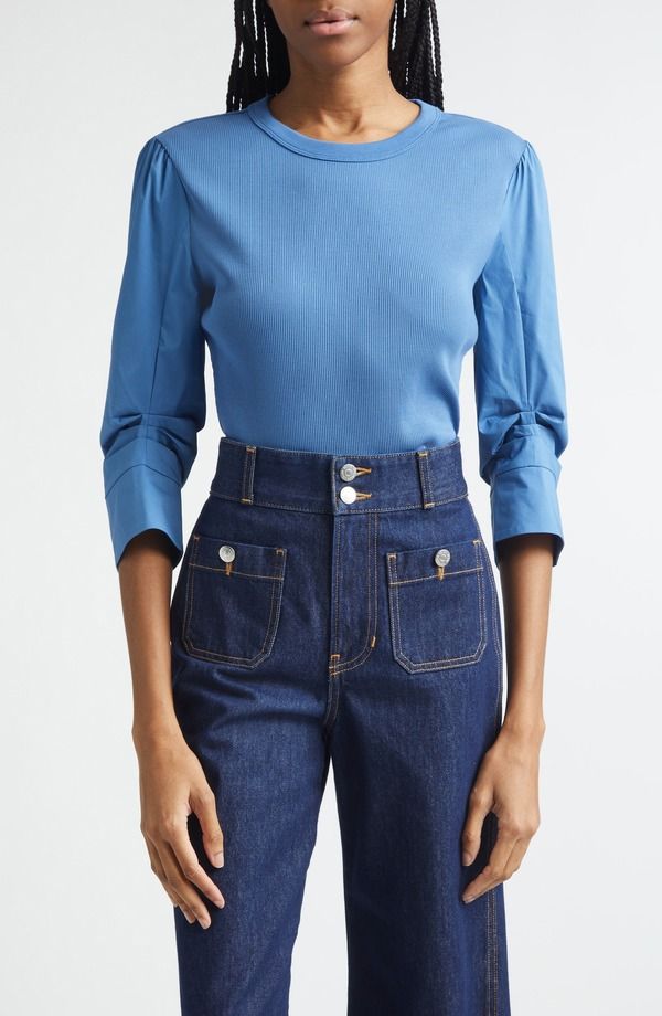 ヴェロニカ ベアード レディース トップス シャツ Veronica Beard Junia Mixed Media Top Blue Coast ブルー