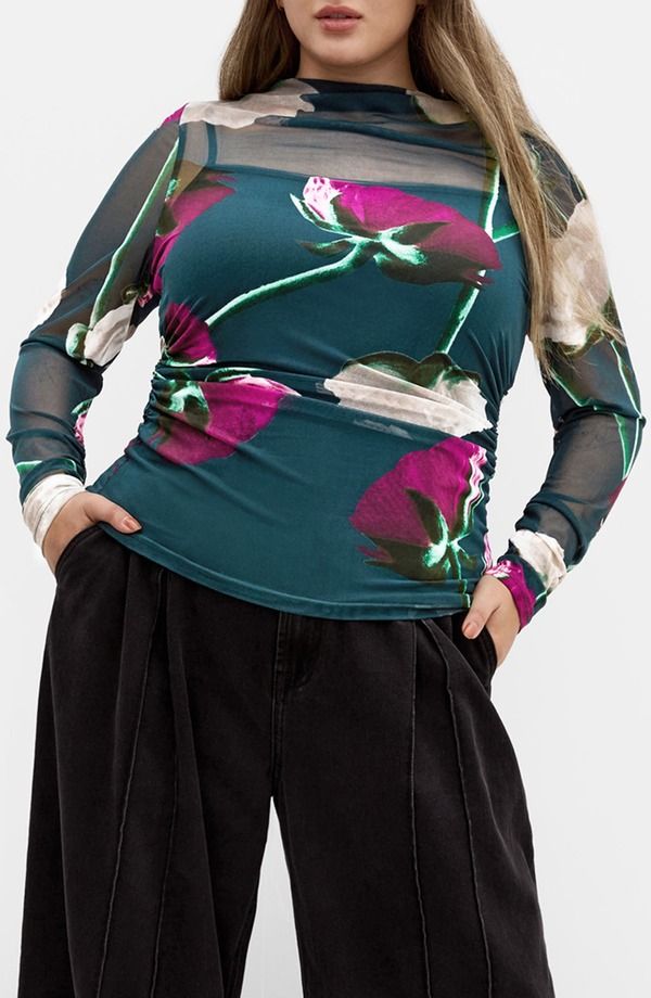 シティーシック レディース トップス シャツ フラワー柄 メッシュ シアー フラワー City Chic Lauryn Floral Sheer Mesh Top Emerald Stem エメラルド