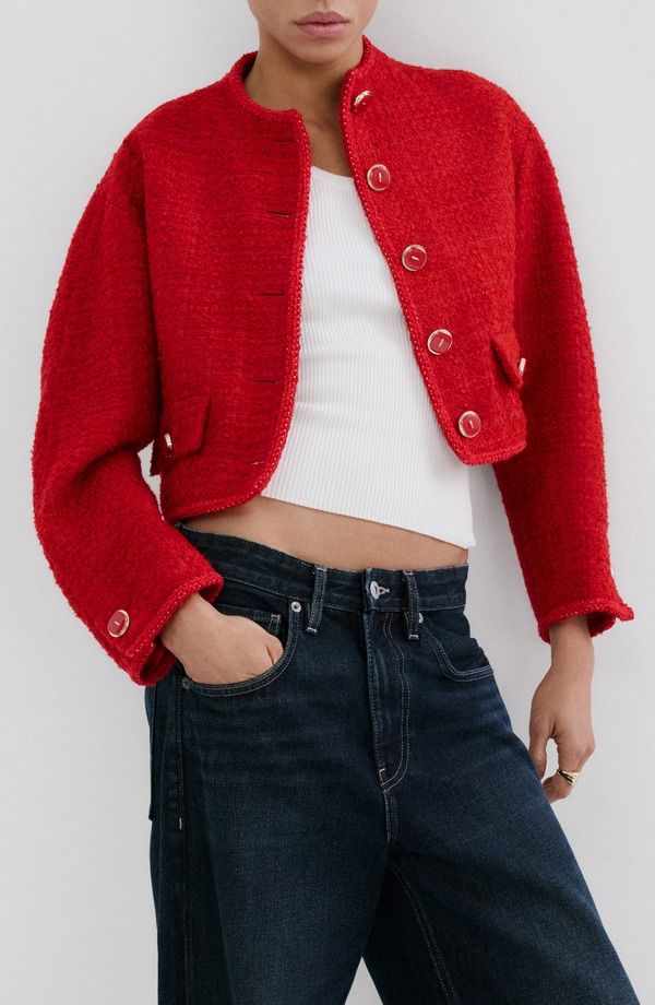 マンゴ レディース アウター ジャケット・ブルゾン ツイード MANGO Jewel Button Tweed Jacket Red レッド