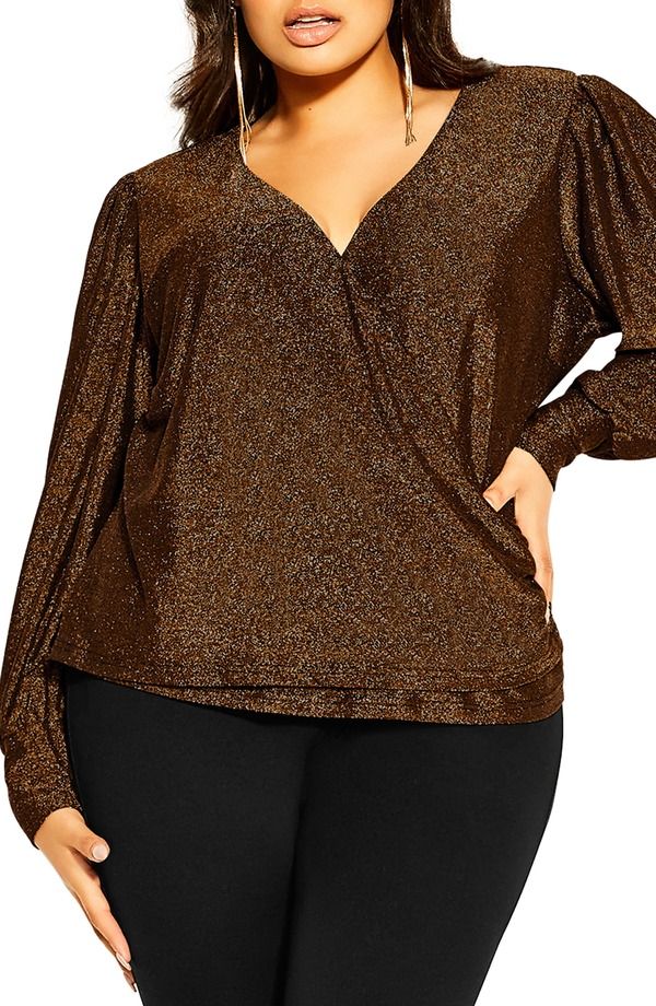 シティーシック レディース トップス シャツ City Chic Glowing Shimmer Faux Wrap Top Bronze