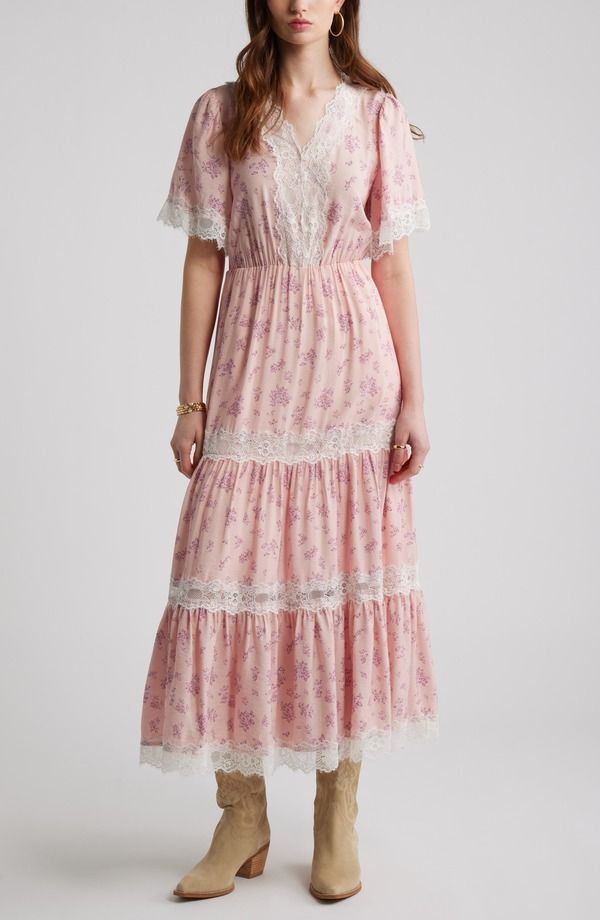 トレジャーアンドボンズ レディース トップス ワンピース ティアード レーストリム レース マキシ Treasure Bond Garden Lace Trim Tiered Maxi Dress Pink Layered Sprigs ピンク 21,520円