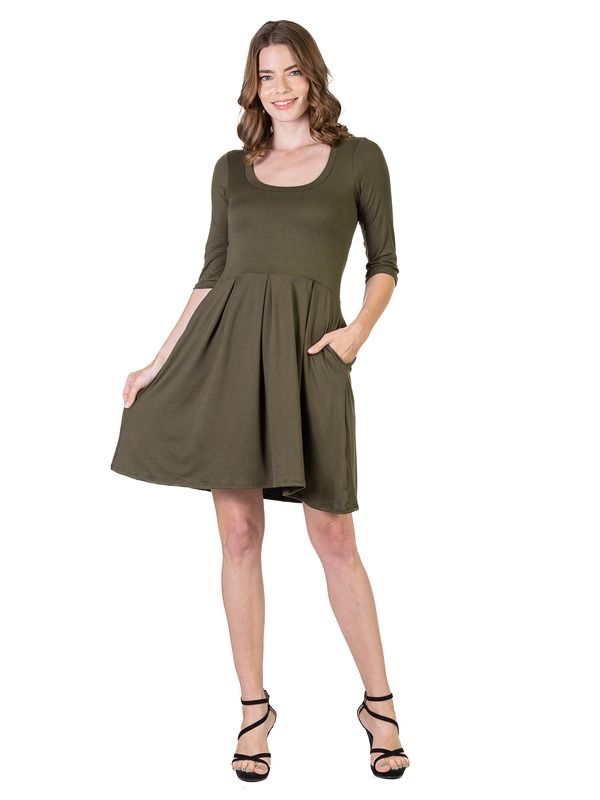24 セブンコンフォート レディース トップス ワンピース ミニ 24seven Comfort Apparel Three Quarter Sleeve Fit and Flare Mini Dress Olive オリーブ