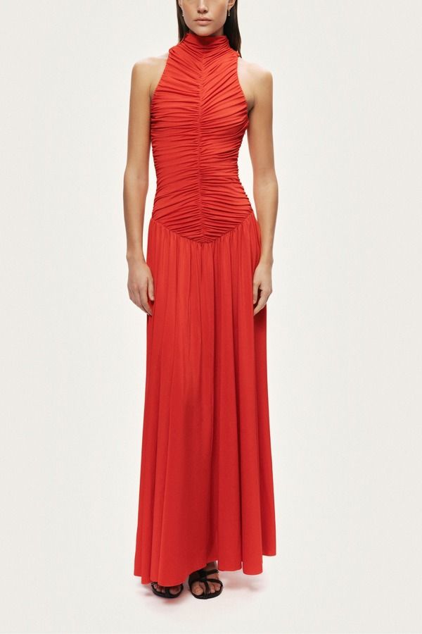 ノクチューン レディース トップス ワンピース ギャザー マキシ Nocturne Ruched HighNeck Maxi Dress Red レッド