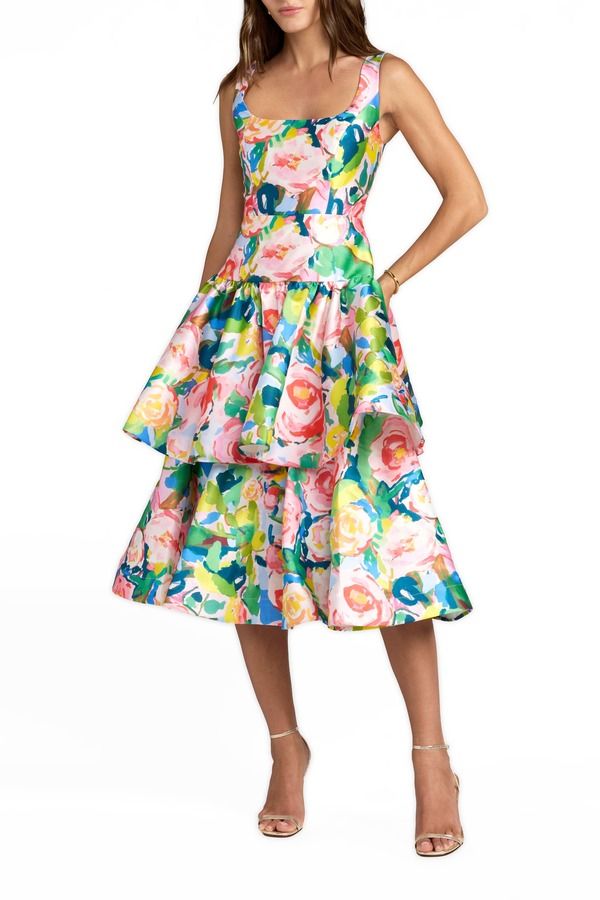 マックダガル レディース トップス ワンピース フラワー柄 フリル ミディ ノースリーブ フラワー Mac Duggal Floral Mikado Sleeveless Ruffle Midi Dress Blue Multi ブルー