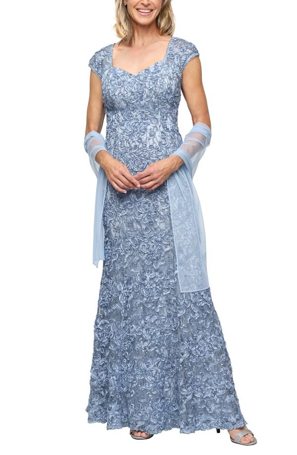 アレックスイブニングス レディース トップス ワンピース A ライン スパンコール レース Alex Eveningsoutache Sequin Lace ALine Gown with Wrap Skyblue スカイブルー
