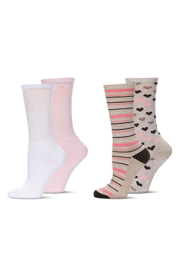 メモイ レディース アンダーウェア 靴下 MeMoi Assorted 4Pack Diabeticrew Socks Beige Pink White ホワイト