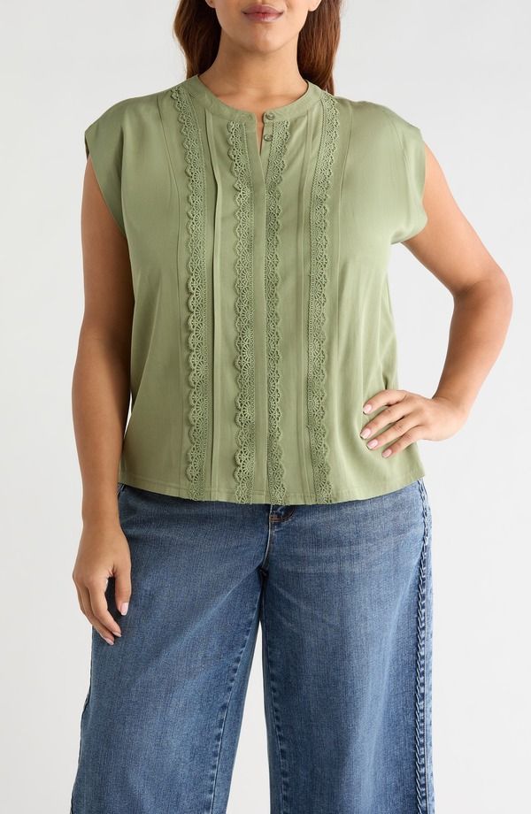 ウィットウィズダム レディース トップス シャツ レーストリム レース Wit Wisdom Lace Trimix Media Top Basil