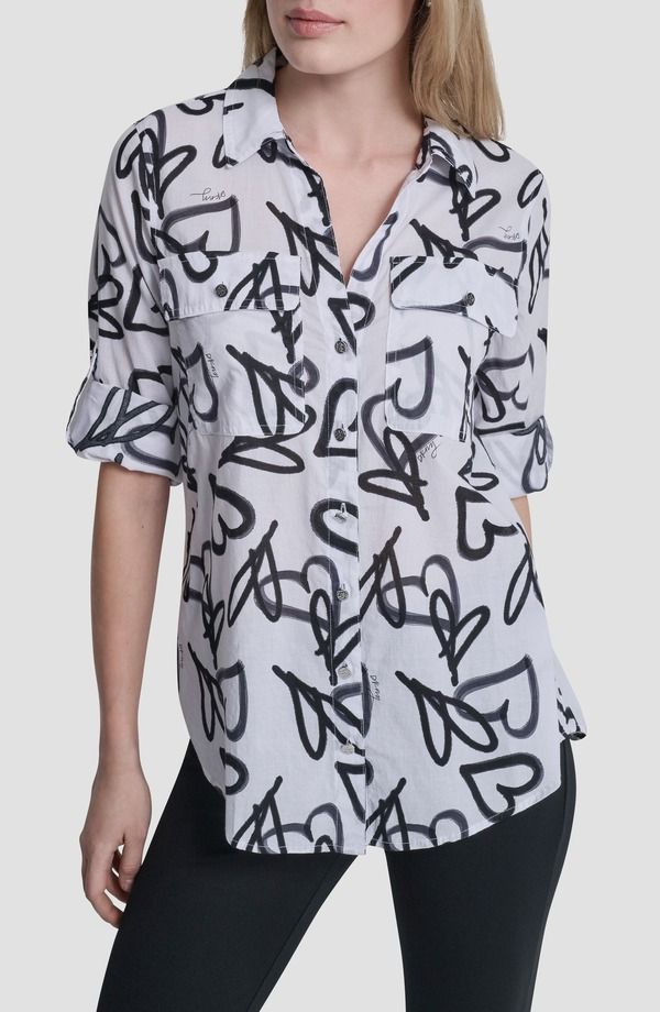 ダナ キャラン ニューヨーク レディース トップス シャツ プリント コットン DKNY Printed RollTab Cuff Cotton ButtonUp Shirt Ivory Graffiti Heart アイボリー