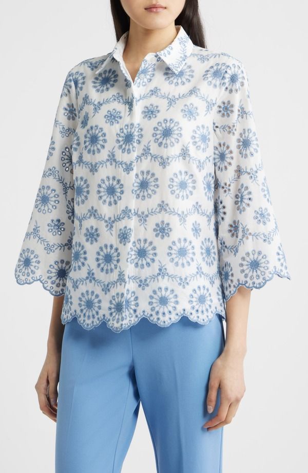 アンクライン レディース トップス シャツ コットン 刺繍 Anne Klein Embroidered Eyelet Cotton ButtonUp Shirt Crisp White Lagoon ホワイト