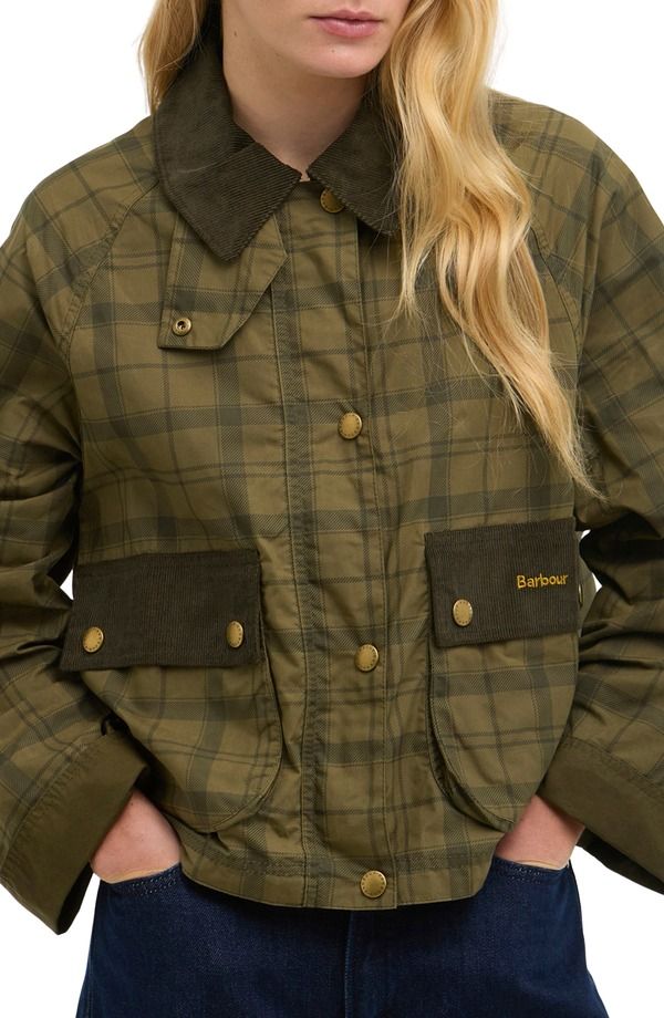 バブアー レディース アウター ジャケット・ブルゾン コットン Barbour Beadnell Tartan Waxed Cotton Crop Jacket Dusky Green Tartan Highland グリーン