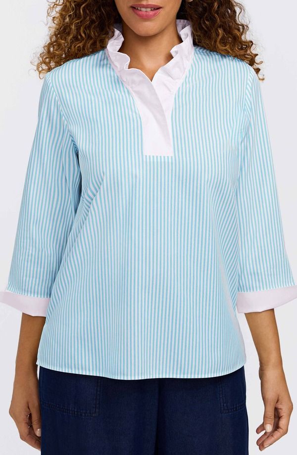 フォックスクラフト レディース トップス シャツ フリル コットン Foxcroftammy Ruffle Collar Cotton Top Capri Blue White ホワイト