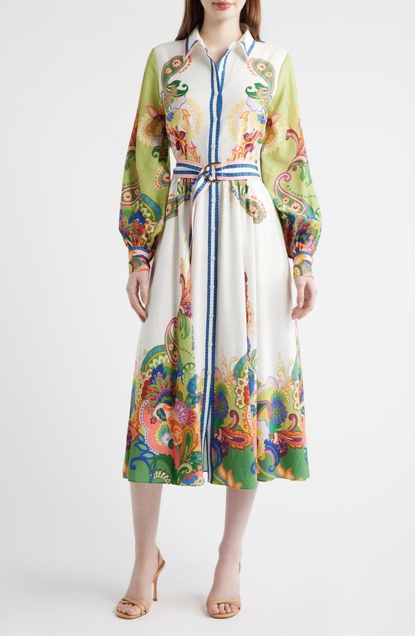 エリータハリ レディース トップス ワンピース シャツ Elie Tahari Thester Belt Long Sleeve Shirtdress Celestial Paisley