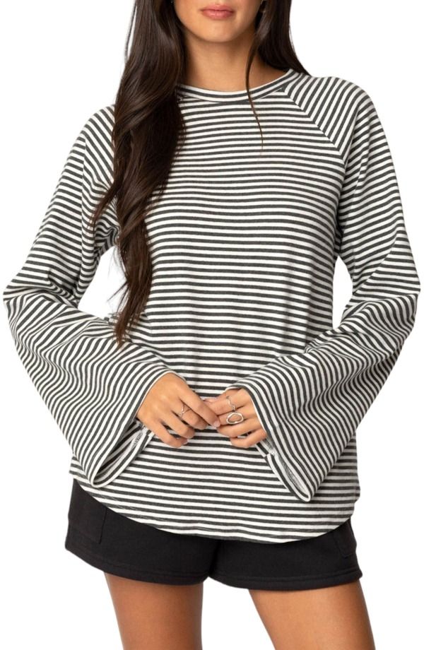 アディクテッド レディース トップス シャツ EDIKTED Stripe Oversize Bell Sleeve Top GrayMelange グレー