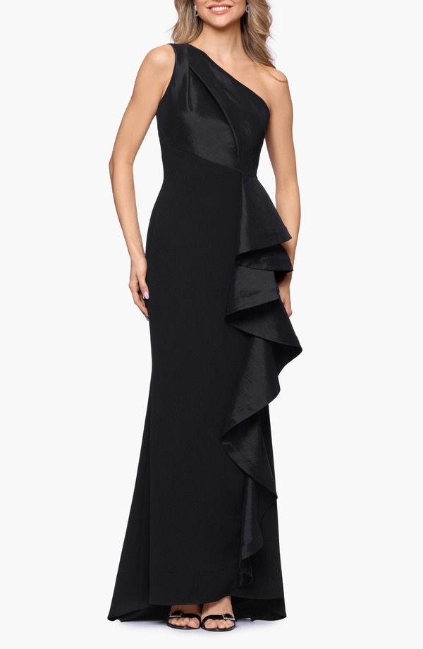 ベッツィアンドアダム レディース トップス ワンピース フリル ワンショルダー Betsy Adamixed Media OneShoulderuffle Gown Black ブラック