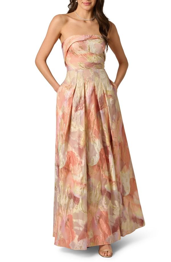 アイダンマットックス レディース トップス ワンピース フラワー柄 プリントール ストラップレス フラワー Aidan Mattox Strapless Floral Print Metallic Jacquard Gown Coral Multi コーラル