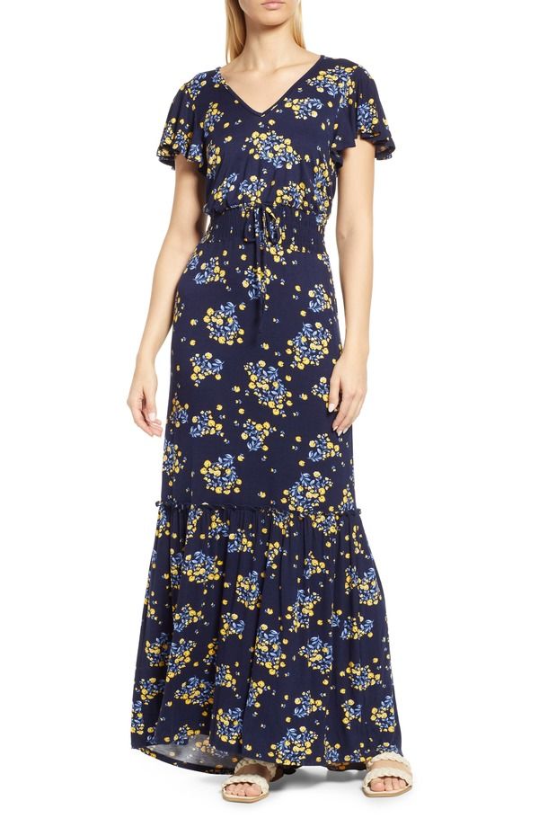 ラブアペラ レディース トップス ワンピース フラワー柄 ニット マキシ フラワー Loveappella Floral Smock Waist Knit Maxi Navy ネイビー