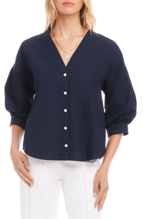 カレンケーン レディース トップス シャツ コットン Karen Kane Lantern Sleeve Cotton ButtonUp Shirt Navy ネイビー