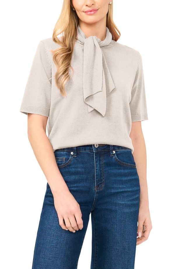 セセ レディース アウター パーカー・スウェット セーター CeCe Tie Neck Short Sleeve Sweater Warm Grey グレー