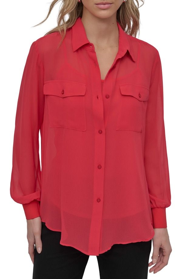 ダナ キャラン ニューヨーク レディース トップス シャツ シフォン DKNY Chiffon ButtonUp Shirt Watermln Sugar