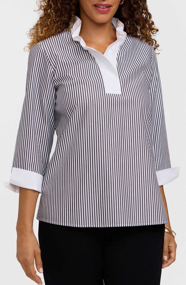 フォックスクラフト レディース トップス シャツ フリル コットン Foxcroftammy Ruffle Collar Cotton Top Black White ホワイト