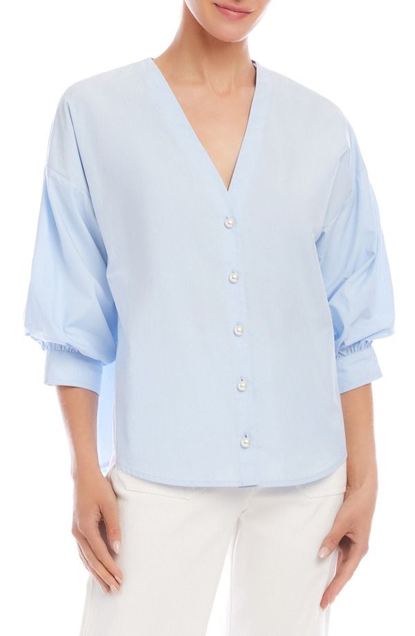 カレンケーン レディース トップス シャツ コットン Karen Kane Lantern Sleeve Cotton ButtonUp Shirt Light Blue ブルー