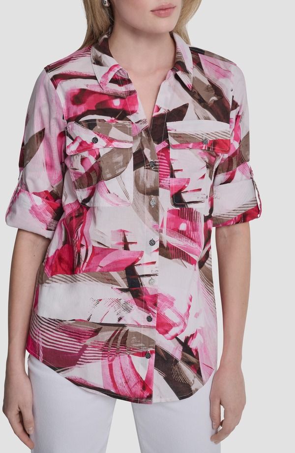 ダナ キャラン ニューヨーク レディース トップス シャツ プリント コットン DKNY Printed RollTab Cuff Cotton ButtonUp Shirt Spring Wisps