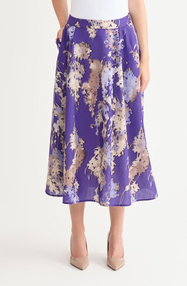 ミソック レディース ボトムスカート フラワー柄 プリント ミディ フラワー Misook Floral Print Crpe de Chine Midi Skirt Purple Multi パープル