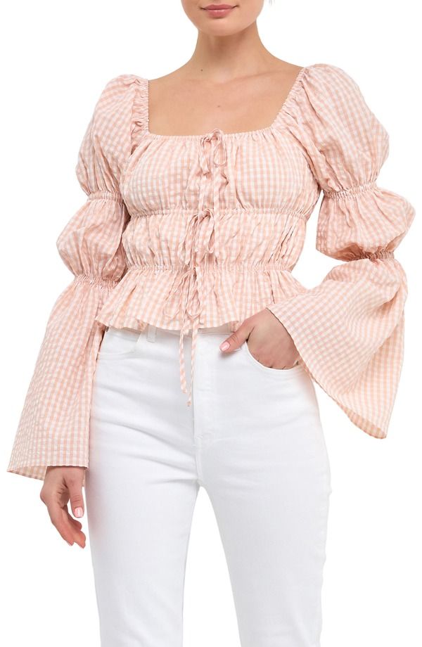 イングリッシュファクトリー レディース トップス シャツ English Factory Frontie Shirred Puff Sleeve Top Blush ブラッシュ