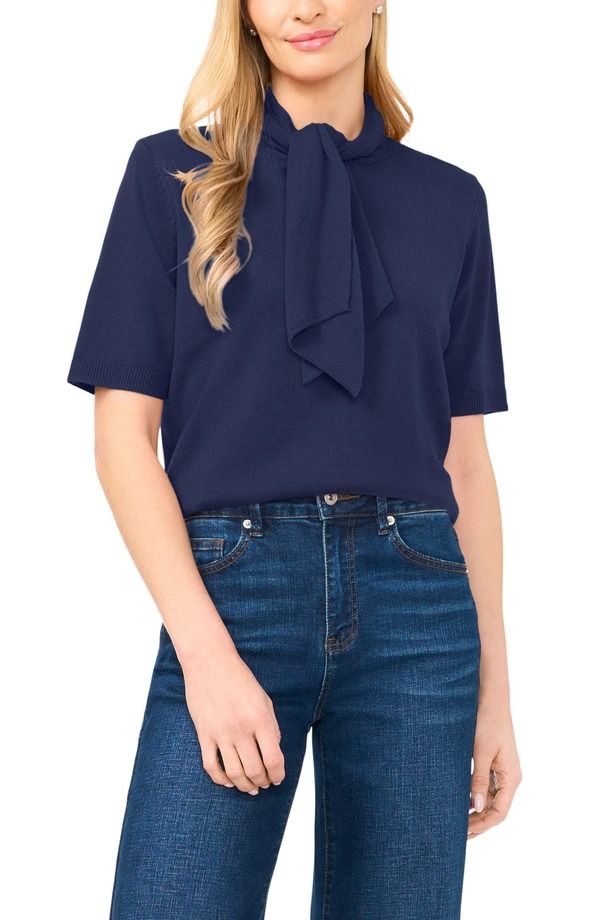 セセ レディース アウター パーカー・スウェット セーター CeCe Tie Neck Short Sleeve Sweater Classic Navy ネイビー