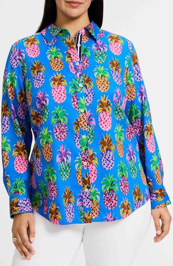 フォックスクラフト レディース トップス シャツ プリント コットン Foxcroft Zoey Pineapple Print Cotton ButtonUp Shirt Blue Multi ブルー