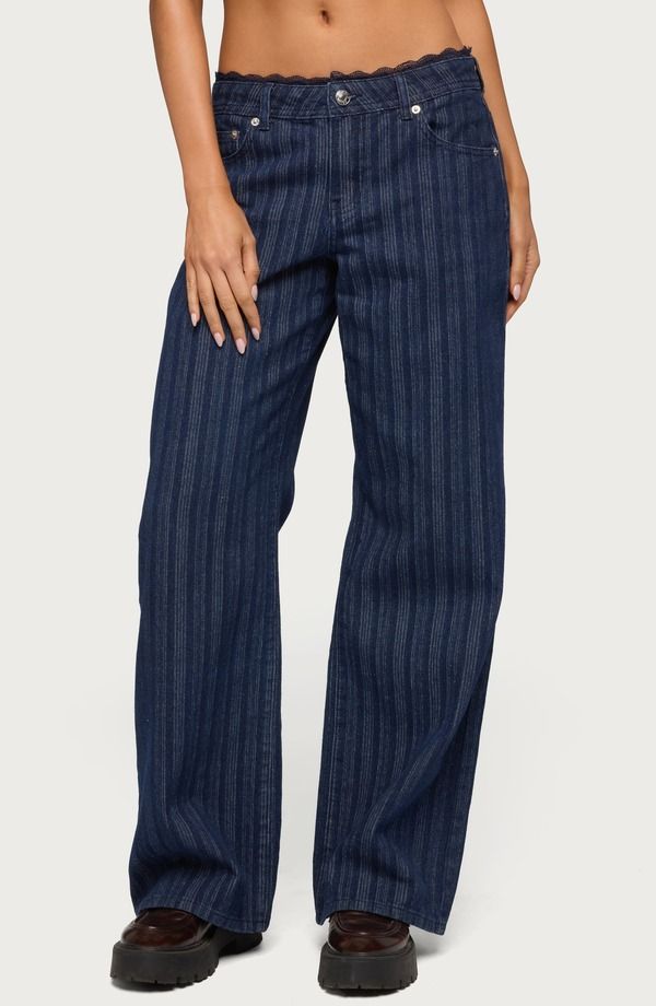 アディクテッド レディース ボトムス デニムパンツ ワイドレッグ レーストリム ローライズ レース ジーンズ EDIKTED Stripe Lace Trim Low Rise Wide Leg Jeans Blue ブルー