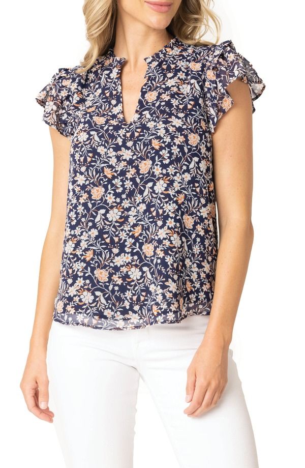 ギブソンルック レディース トップス シャツ プリント GIBSONLOOK Print Flutter Sleeve Top Indigo Coral Floral インディゴ