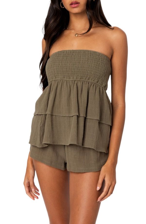 アディクテッド レディース トップス シャツ ストラップレス シャーリング EDIKTED Harleigh Straplessmocked Top Olive オリーブ