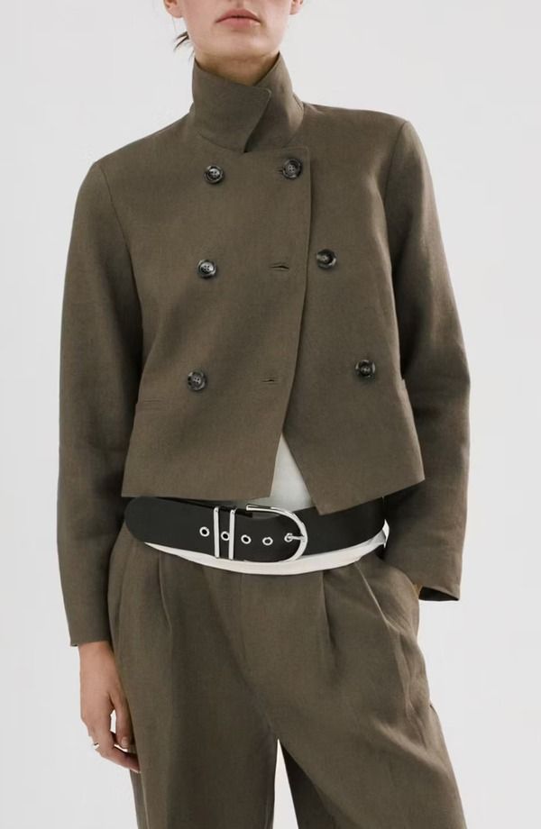 マンゴ レディース アウター ジャケット・ブルゾン リネン MANGO Double Breasted Linen Jacket Khaki Green グリーン