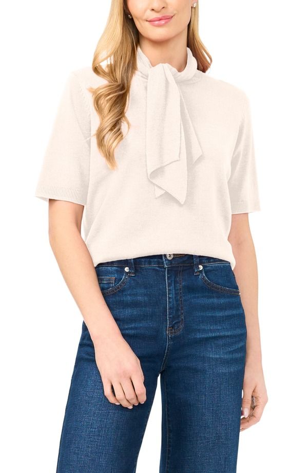 セセ レディース アウター パーカー・スウェット セーター CeCe Tie Neck Short Sleeve Sweater French Oatmeal オートミール
