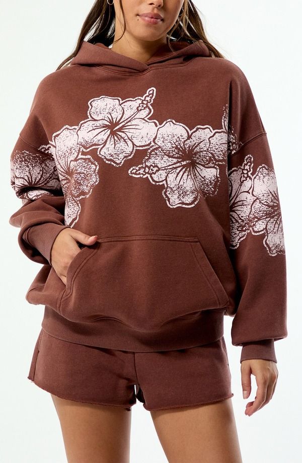 パクサン レディース アウター パーカー・スウェット プリント コットン PacSun Hibiscus Print Cotton Blend Hoodie Brown ブラウン
