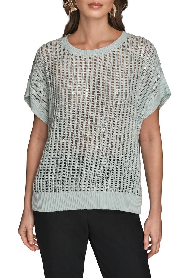 ダナ キャラン ニューヨーク レディース アウター パーカー・スウェット セーター スパンコール Donna Karanew York Sequin Open Stitch Short Sleeve Sweater Mist