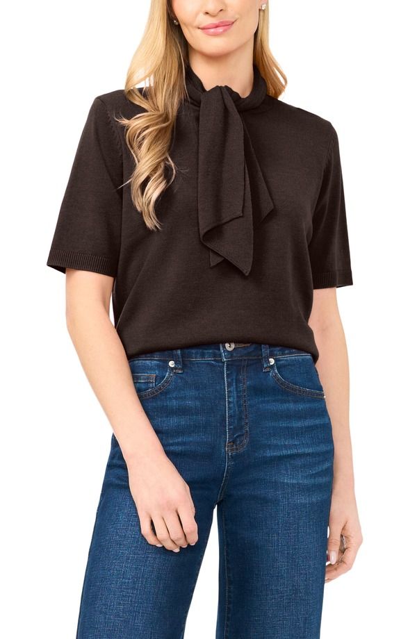 セセ レディース アウター パーカー・スウェット セーター CeCe Tie Neck Short Sleeve Sweater Delicioso