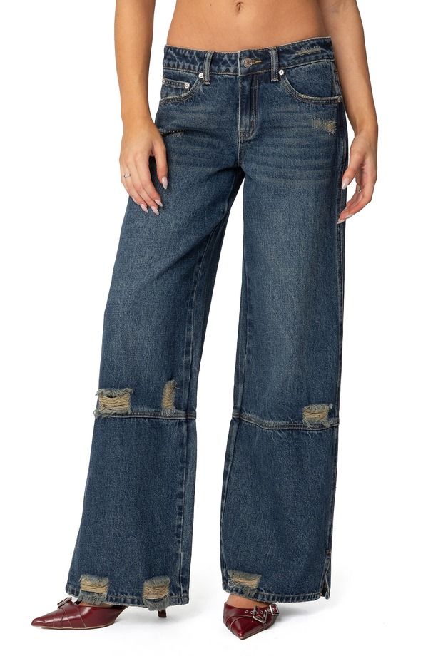 アディクテッド レディース ボトムス デニムパンツ ワイドレッグ ローライズ ジーンズ EDIKTED Ripped Low Rise Wide Leg Jeans Blue ブルー