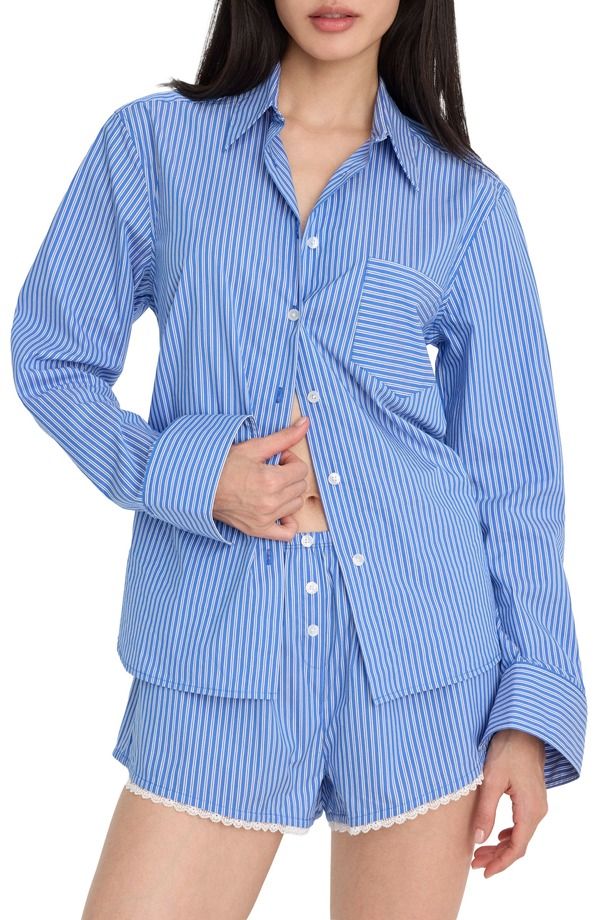 グッドアメリカン レディース トップス シャツ Good American Classic Boxy Poplin ButtonUp Shirt Blue White Stripe ホワイト